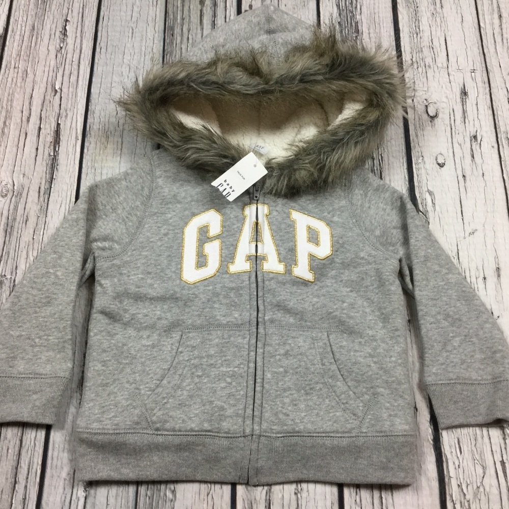 Gap Girls 2T 3T Gray Faux Fur Hoodie Jacket
